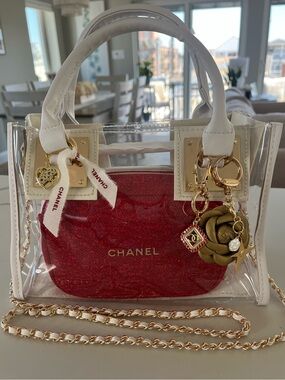 Custom Upcycled Chanel Beauté Clear Bag w Authentic Charms, Ribbon & Makeup Bag
